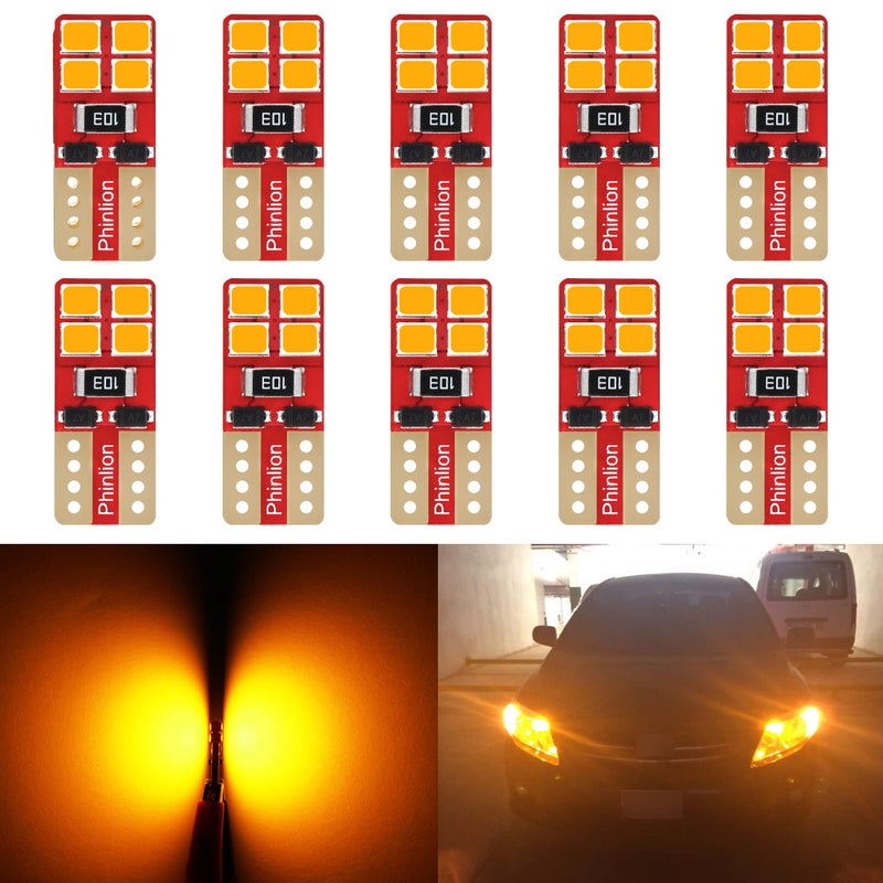 PHINLION Super Bright Miniature Wedge T10 168 194 2825 2827 12396 LED Bulbs for Car Interior Dome Map Side Marker Parking Lights, Amber Yellow (10 Pack) - Image 1